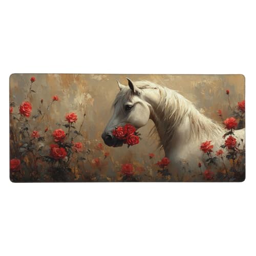 Mauspad Groß Pferd, Rosen Mousepad XXL 1200x600x3 mm, Gaming Mauspad mit rutschfeste GummiBasis Resistent Weiche Oberfläche, Schreibtischunterlage Vernähte Kanten für Büro und Home Dekorieren-L1192 von Wuleogxi