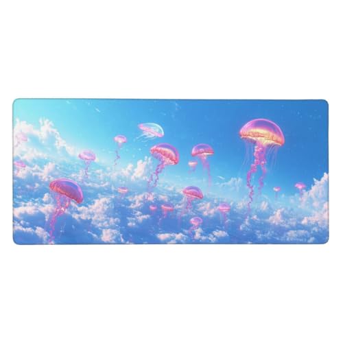 Mauspad Groß Rosa, Qualle Mousepad XXL 900x400x3 mm, Gaming Mauspad mit rutschfeste Gummibasis und Wasser Resistent Weiche Oberfläche, Schreibtischunterlage Vernähte Kanten für Büro und Home Dekor von Wuleogxi