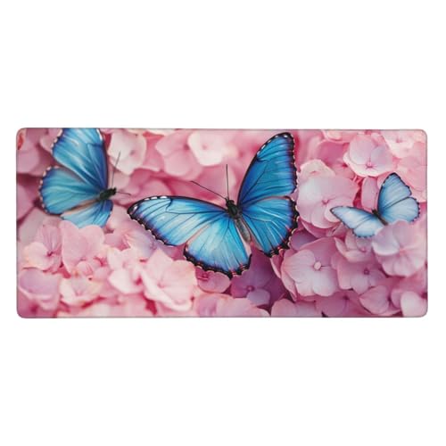 Mauspad Groß Rosa, Schmetterling Mousepad XXL 900x400x3 mm, Gaming Mauspad mit rutschfeste Gummibasis und Wasser Resistent Weiche Oberfläche, Schreibtischunterlage Vernähte Kanten für Büro Home Dekor von Wuleogxi