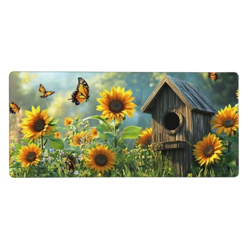 Mauspad Groß Sonnenblume,Schmetterling Mousepad XXL 1200x600x3 mm,Gaming Mauspad mit rutschfeste GummiBasis Resistent Weiche Oberfläche,Schreibtischunterlage Vernähte Kanten für Büro Home Decor-L1204 von Wuleogxi