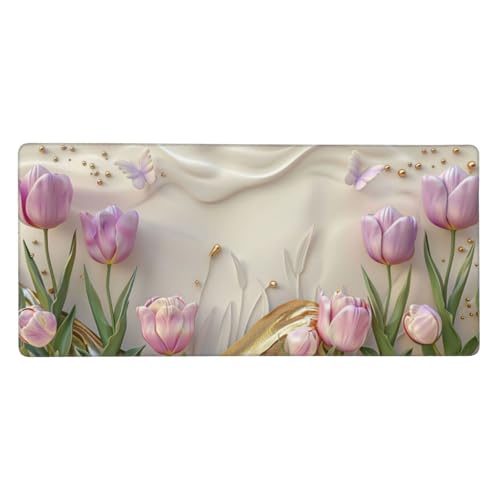 Weiß Gaming Mauspad XXL 1000x500x3 mm, Tulpe Mauspad Groß Vernähte Kanten, Mousepad mit Anti Rutsch Basis und Wasser Resistent Weiche Oberfläche, Schreibtisch Unterlage für Tastatur, PC, Laptop von Wuleogxi