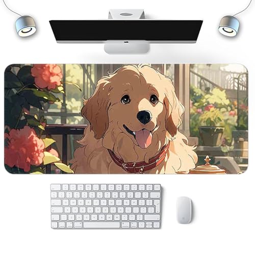 Gaming-Mauspad mit Anime-Hund, Größe XXL, 30 x 80 cm, erweitertes Mauspad mit Tiermotiv, Schreibtischunterlage, genähte Kanten, rutschfeste Gummiunterseite, Gelb von Wuyouni