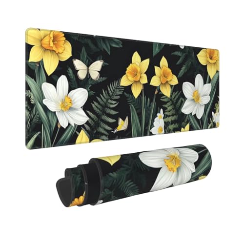 Großes Mauspad XXL Gaming Mousepad Wasserdicht Rutschfeste Gummibasis 900x400mm Gelbe weiße Blumen Verbessert Geschwindigkei Langlebig Erweiterter Schreibtisch Schutz Mausmatte für PC, Büro,LaptopL185 von Wweio