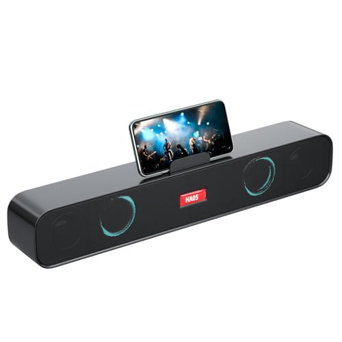 Lautsprecher mit Handyhalterung, Stereo-Soundbar-Lautsprecher für Desktop/Laptop/PC/Pad/Handy, bunte Beleuchtung, Soundbar, USB-betriebene Computer-Lautsprecher für den Schreibtisch, Schwarz A118 von WyepwikoH