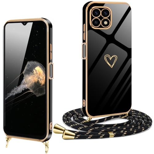 Handykette Samsung Galaxy A22 5G Hülle mit Band mit Herz Love Design,Samsung Galaxy A22 5G Handyhülle mit Kette Galvanisierte Kratzfest Schutzhülle Silikon Bumper Stoßfest Dünn Hülle mit kordel Case von XCYYOO