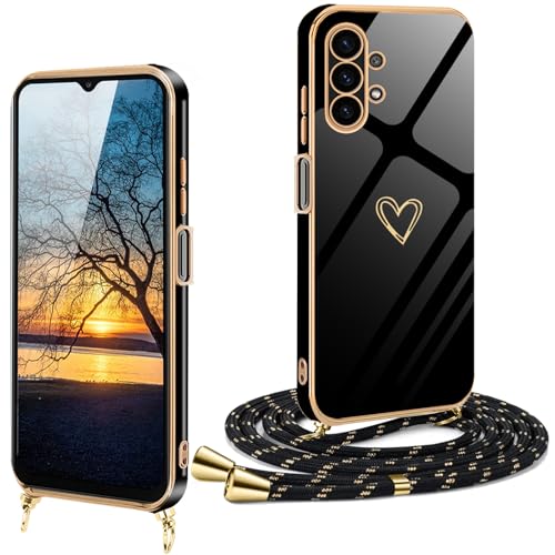 Handykette Samsung Galaxy A32 5G Hülle mit Band mit Herz Love Design,Samsung Galaxy A32 5G Handyhülle mit Kette Galvanisierte Kratzfest Schutzhülle Silikon Bumper Stoßfest Dünn Hülle mit kordel Case von XCYYOO