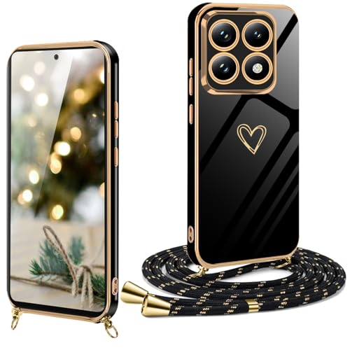 Handykette für Xiaomi 14T Pro Hülle mit Band,Xiaomi 14T Pro Handyhülle mit Kette Galvanisierte Schutzhülle zum umhängen Silikon Stoßfest Xiaomi 14T Pro Case mit Herz Love Design, von XCYYOO