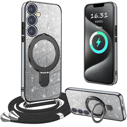 XCYYOO HandyHülle für Samsung Galaxy A55 5G Hülle mit Band,[Mit Abnehmbarem Standfuß] Transparente Silikon Stoßfest Handykette Schutzhülle Ring Ständer Case mit Kette für Samsung Galaxy A55 5G-Schwarz von XCYYOO