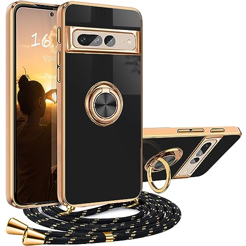 XCYYOO Handykette Google Pixel 7 Pro Hülle mit Band Google Pixel 7 Pro Handyhülle mit 360 Grad Ring Ständer Luxuriös Galvanisierte Kratzfest Schutzhülle Silikon Bumper Stoßfest Dünn Hülle mit Kette von XCYYOO