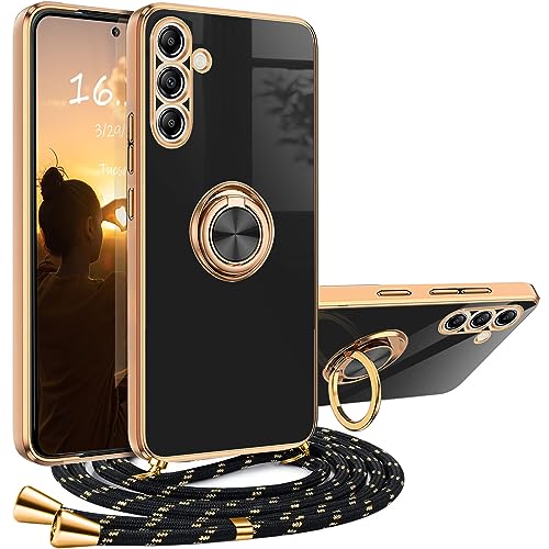 XCYYOO Handykette Samsung Galaxy A34 5G Hülle mit Band Samsung A34 5G Handyhülle mit 360 Grad Ring Ständer Luxuriös Galvanisierte Kratzfest Schutzhülle Silikon Bumper Stoßfest Dünn Hülle mit Kette von XCYYOO