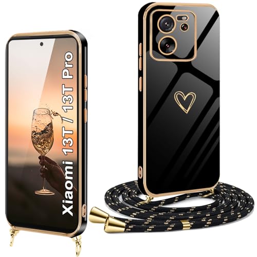 XCYYOO Handykette für Xiaomi 13T/ Xiaomi 13T Pro Hülle mit Band,Handyhülle Xiaomi 13T mit Kette Galvanisierte Kratzfest Schutzhülle zum umhängen Silikon Stoßfest Case mit Herz Love Design von XCYYOO