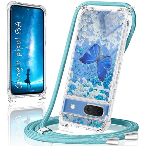 XCYYOO Handykette für Google Pixel 8A Hülle mit Band,Handyhülle Google Pixel 8A Glitzer Schmetterling mit Kette TPU Slim Bumper Kratzfest Transparent Stoßfest Schmetterling Schutzhülle mit Kordel von XCYYOO