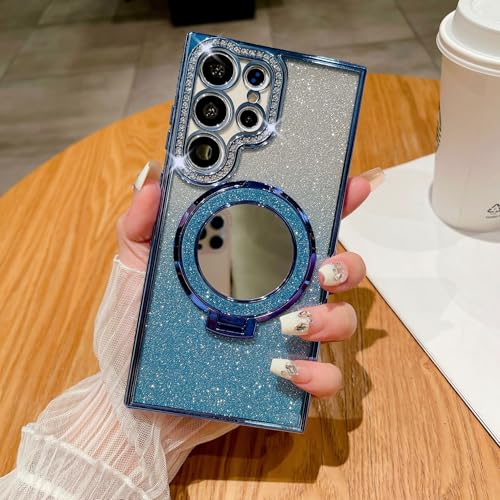 XCuihulle Glitzer Handyhülle Kompatibel mit Samsung Galaxy S24 Ultra Hülle mit Mirror Ring Ständer,TPU Schutzhülle Samsung S24 Ultra Bling Diamant Galvanisierte Case mit Make-up Spiegel Cover-Blau von XCuihulle