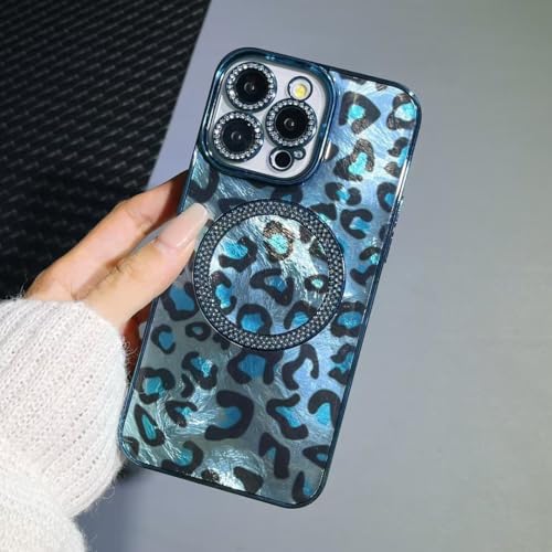 XCuihulle Glitzer Hülle für iPhone 15 Magnetisch Handyhülle Leopardenmuster Ultra Dünn Schutzhülle Bling Sparkly Diamant Case Weich Silikon TPU Bumper Cover für Frauen Mädchen-Blau von XCuihulle