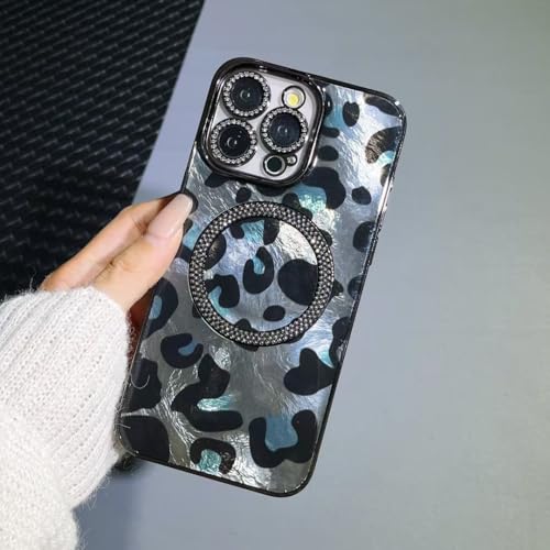 XCuihulle Glitzer Hülle für iPhone 15 Pro Magnetisch Handyhülle Leopardenmuster Ultra Dünn Schutzhülle Bling Sparkly Diamant Case Weich Silikon TPU Bumper Cover für Frauen Mädchen-Schwarz von XCuihulle