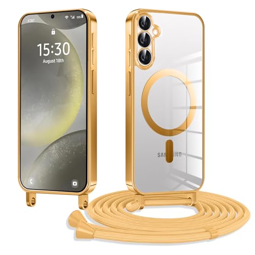 XCuihulle Handykette Hülle für Samsung Galaxy S24 FE Magnetische Handyhülle mit Band 6.7’’,Galvanik Klare Silikon Case Samsung S24 FE Necklace Schutzhülle mit Kordel zum Umhängen Case Cover-Golden von XCuihulle