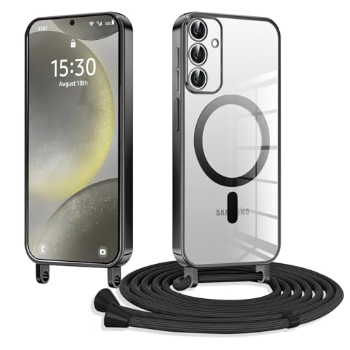 XCuihulle Handykette Kompatibel mit Samsung Galaxy S25 Plus Magnetische Hülle mit Band,Galvanik Klare Silikon Handyhülle S24 Plus Necklace Schutzhülle mit Kordel zum Umhängen Case Cover-Schwarz von XCuihulle