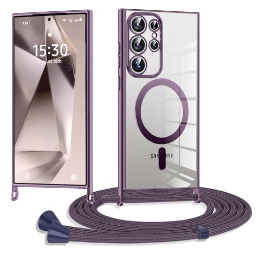 XCuihulle Handykette Kompatibel mit Samsung Galaxy S24 Ultra Magnetische Hülle mit Band,Galvanik Klare Silikon Handyhülle S24 Ultra Necklace Schutzhülle mit Kordel zum Umhängen Case Cover-Lila von XCuihulle