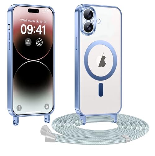 XCuihulle Kompatibel mit iPhone 16 Plus Hülle mit Band,Magnetisch Handykette Handyhülle Galvanik Klare Silikon Case Einstellbar Necklace mit Kordel zum Umhängen Schutzhülle Stoßfest Cover-Blau von XCuihulle