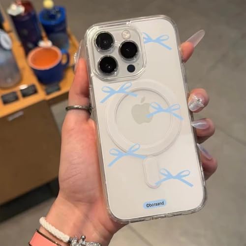 XCuihulle Magnetisch Hülle für iPhone 15 Pro Handyhülle Durchsichtig Schleifen und Fliege Motiv Design Schutzhülle Transparent Silikon Weich TPU Mädchen Frauen Süßes Case Cover-Blau 2 von XCuihulle