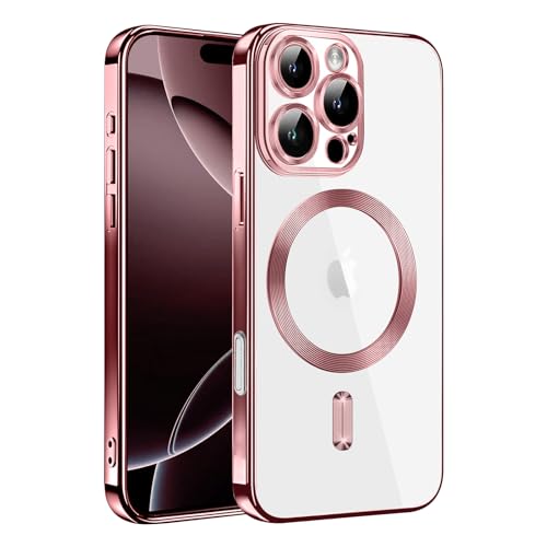 XCuihulle Magnetisch für iPhone 16 Pro Max Hülle kompatibel mit Magsafe,Transparent Handyhülle mit Vollständiger Kameraschutz Dünn Slim Case Weich TPU Silikon Schutzhülle Kratzfeste Cover-Rosa von XCuihulle