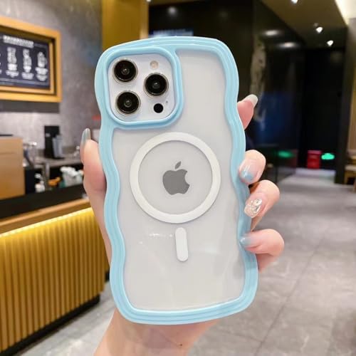 XCuihulle Transparent Handyhülle für iPhone 16 Pro Max Hülle Magnetisch Schutzhülle Wellig Silikon Case Kompatibel mit MagSafe Niedliche Wellenrahmen Lockige Schlanke Telefon Klare Hülle-Blau von XCuihulle