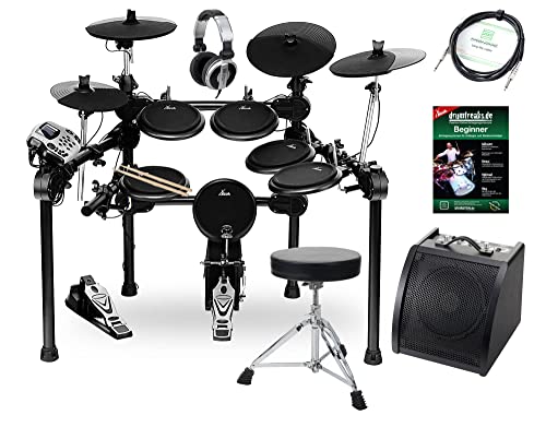 XDrum DD-520 PLUS SET 2 E-Drum Set (elektronisches Schlagzeug, mit aktiver Monitorbox inkl. Kabel, Schlagzeug-Hocker, Kopfhörer, Sticks & Fußmaschine, 458 Sounds, USB) schwarz von XDrum