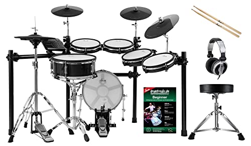 XDrum DD-650 PLUS Mesh E-Drum Kit - elektronisches Schlagzeug mit echter HiHat - 14" Snare-Pad und 14" Kick-Pad aus Holz - 720 Sounds - inkl. Rack, Hocker, Kopfhörer, Sticks und Schule - Black Sparkle von XDrum