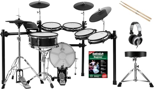 XDrum DD-650 PLUS Mesh E-Drum Kit - elektronisches Schlagzeug mit echter HiHat - 14" Snare-Pad und 14" Kick-Pad aus Holz - 720 Sounds - inkl. Rack, Hocker, Kopfhörer, Sticks und Schule - Black Sparkle von XDrum