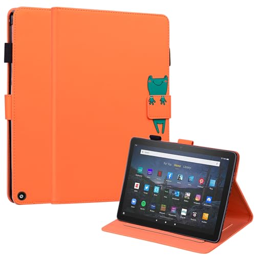 XFDSFDL® Schutzhülle für Amazon Fire HD 10 (2023 13th Gen) (10,1 Zoll) PU Leder Hülle Flip Cover Frosch Muster mit Ständer Magnetverschluss Taschen Case Ledertasche, Orange von XFDSFDL