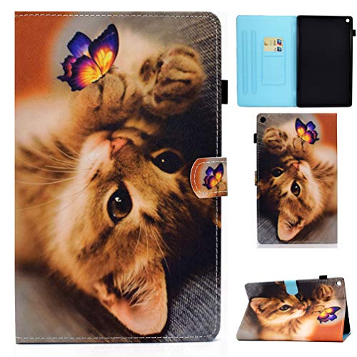 XFDSFDL® Schutzhülle für Amazon Fire HD 8 2018/2017/2016 (8 Zoll) PU Leder Hülle Flip Cover Schmetterling Katze Muster mit Ständer Taschen Case Auto Aufwachen/Schlaf Ledertasche, 02 von XFDSFDL