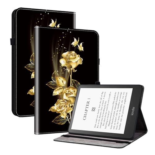 XFDSFDL® Schutzhülle für Amazon Kindle Paperwhite (2024 12th Gen) (7 Zoll) PU Leder Hülle Flip Cover Goldene Rose Muster mit Ständer Taschen Case Ledertasche 02 von XFDSFDL