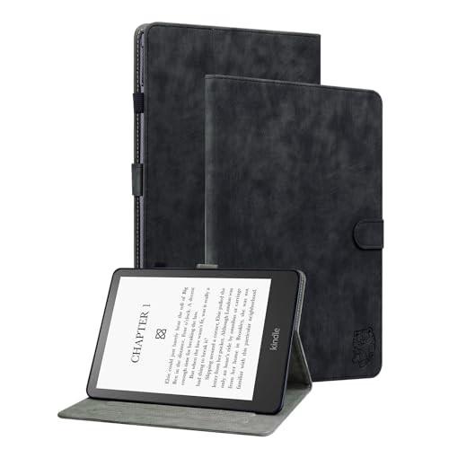 XFDSFDL® Schutzhülle für Amazon Kindle Paperwhite (2024 12th Gen) (7 Zoll) PU Leder Hülle Flip Cover Retro Kleiner Tiger Muster mit Ständer Brieftasche Ledertasche Schwarz von XFDSFDL