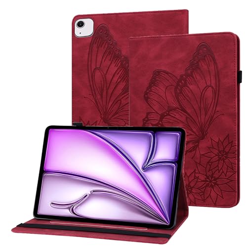 XFDSFDL® Schutzhülle für Apple iPad Air 11 2024 A2902/A2899/A2900 (11 Zoll) PU Leder Hülle Flip Cover Schmetterling Retro Muster mit Ständer Brieftasche Ledertasche Rot von XFDSFDL