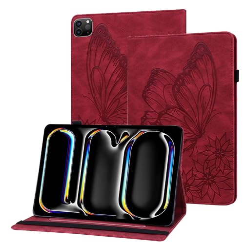 XFDSFDL® Schutzhülle für Apple iPad Pro 13 2024 A2925/A2926/A3007 (13 Zoll) PU Leder Hülle Flip Cover Schmetterling Retro Muster mit Ständer Brieftasche Ledertasche Rot von XFDSFDL