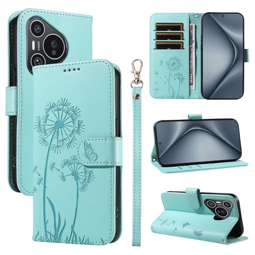 XFDSFDL® Schutzhülle für Huawei Pura 70 ADY-LX9/AL00 (6,6 Zoll) PU Lederhülle Flip Cover Löwenzahn Muster mit Ständer Schlüsselband Brieftasche Prägung Handytasche Hellgrün von XFDSFDL