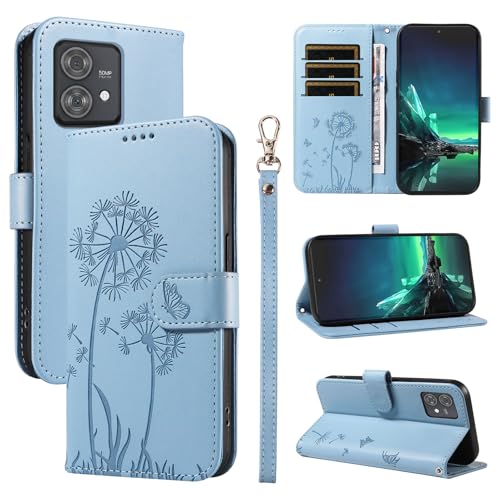 XFDSFDL® Schutzhülle für Motorola Edge 40 Neo XT2307-1 (6,55 Zoll) PU Lederhülle Flip Cover Löwenzahn Muster mit Ständer Schlüsselband Brieftasche Prägung Handytasche Blau von XFDSFDL