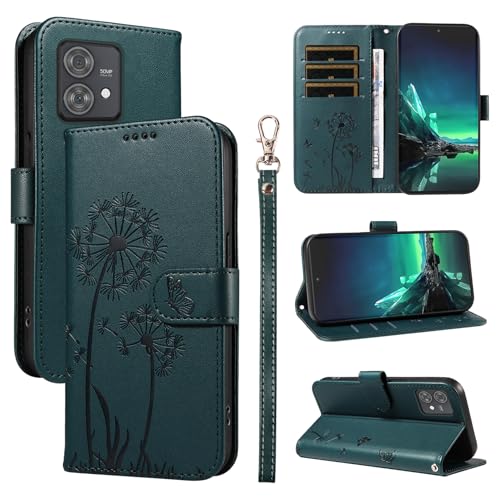 XFDSFDL® Schutzhülle für Motorola Edge 40 Neo XT2307-1 (6,55 Zoll) PU Lederhülle Flip Cover Löwenzahn Muster mit Ständer Schlüsselband Brieftasche Prägung Handytasche Dunkelgrün von XFDSFDL