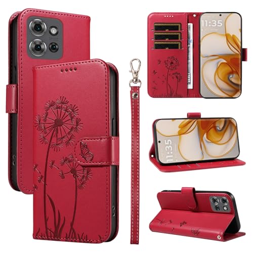 XFDSFDL® Schutzhülle für Motorola Edge 50 (6,7 Zoll) PU Lederhülle Flip Cover Löwenzahn Muster mit Ständer Schlüsselband Brieftasche Prägung Handytasche Rot von XFDSFDL