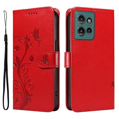 XFDSFDL® Schutzhülle für Motorola Edge 50 (6,7 Zoll) PU Lederhülle Flip Cover Mandelbaum Muster mit Ständer Schlüsselband Brieftasche Prägung Handytasche Rot von XFDSFDL