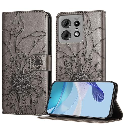 XFDSFDL® Schutzhülle für Motorola Edge 50 Pro (6,7 Zoll) PU Lederhülle Flip Cover Geprägte Sonnenblume Muster mit Ständer Magnetverschluss Brieftasche Handyhülle Grau von XFDSFDL