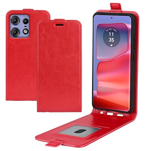 XFDSFDL® Schutzhülle für Motorola Edge 50 Pro (6,7 Zoll) Vertikal PU Lederhülle Hoch/Runter Offen Flip Case mit Magnetverschluss Taschen Kartenfächern Brieftasche Ledertasche Rot von XFDSFDL