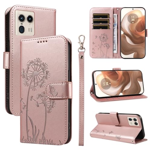 XFDSFDL® Schutzhülle für Motorola Edge 50 Ultra (6,7 Zoll) PU Lederhülle Flip Cover Löwenzahn Muster mit Ständer Schlüsselband Brieftasche Prägung Handytasche Roségold von XFDSFDL