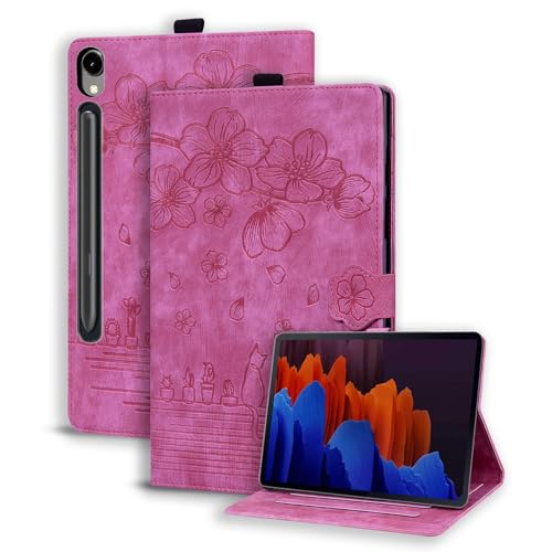 XFDSFDL® Schutzhülle für Samsung Galaxy Tab S10+ SM-X820/X816 (12,4 Zoll) PU Leder Hülle Flip Cover Sakura-Katze Muster mit Ständer Taschen CaseLedertasche Rosenrot von XFDSFDL