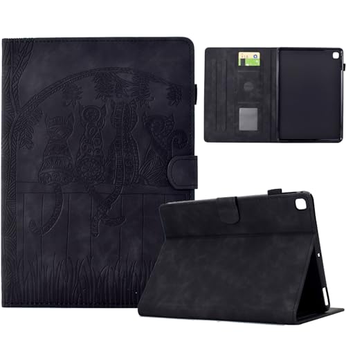 XFDSFDL® Schutzhülle für Samsung Galaxy Tab S6 Lite SM-P610/P615 (10,4 Zoll) PU Leder Hülle Flip Cover Baum und Katze Muster Brieftasche mit Auto Aufwachen/Schlaf Ständer Ledertasche Schwarz von XFDSFDL