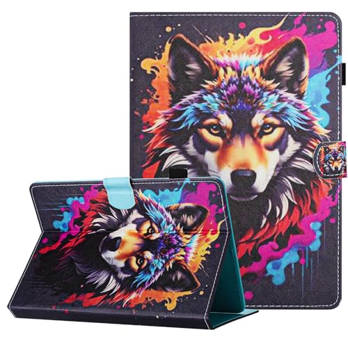 XFDSFDL® Schutzhülle für Universal Alle 10 Zoll (Bildschirm Größe 9,5 Zoll - 10,1 Zoll) PU Leder Hülle Flip Cover Farbiger Wolf Muster mit Ständer Magnetverschluss Taschen Ledertasche 04 von XFDSFDL