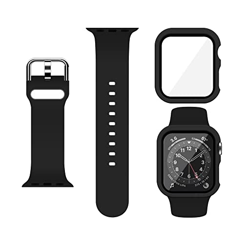XFEN Sport Silikon M/L Größe Band und Hülle mit Displayschutzfolie für Apple Watch Series 6 SE Series 5 Series 4 44mm - Schwarz von XFEN