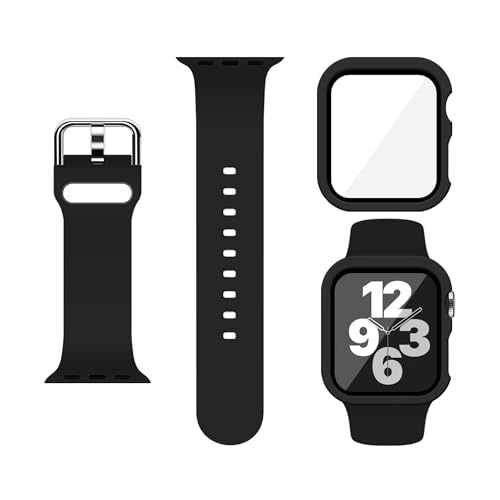 XFEN Sport Silikon M/L Größe Band und Hülle mit Displayschutzfolie für Apple Watch Series 6 SE Series 5 Series 4 44mm - Schwarz von XFEN