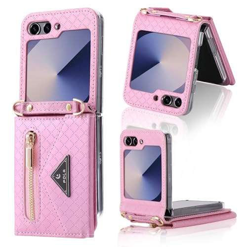 XIMAND für Samsung Galaxy Z Flip 6, Reißverschluss-Brieftaschenhülle mit Umhängegurt – modisches, schlankes und Elegantes Reiseaccessoire mit Kartenfächern. (Pink) von XIMAND