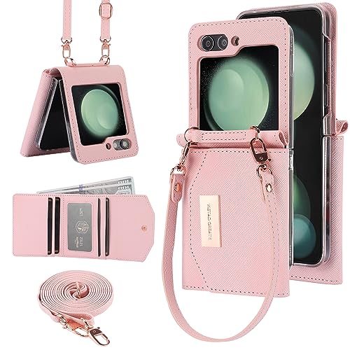 XIMAND für Samsung Galaxy Z Flip 6 – Brieftaschen-Hülle mit integriertem Leder-Geldfach und Kreditkartenhalter. Armband und Scharnierschutz, Handyhülle zum Tragen in der Handtasche für Damen. (Pink) von XIMAND